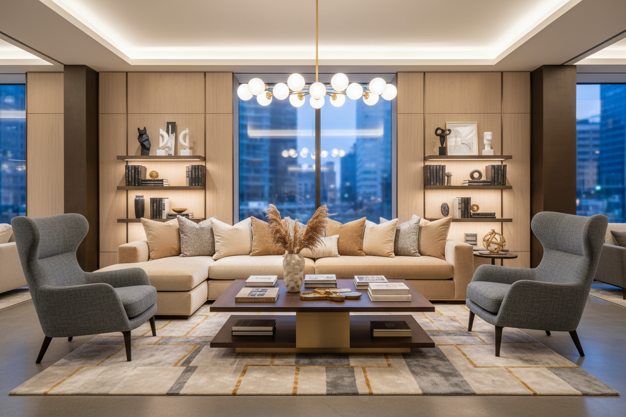 A refined living room furnished with comfortable seating and coordinated pieces